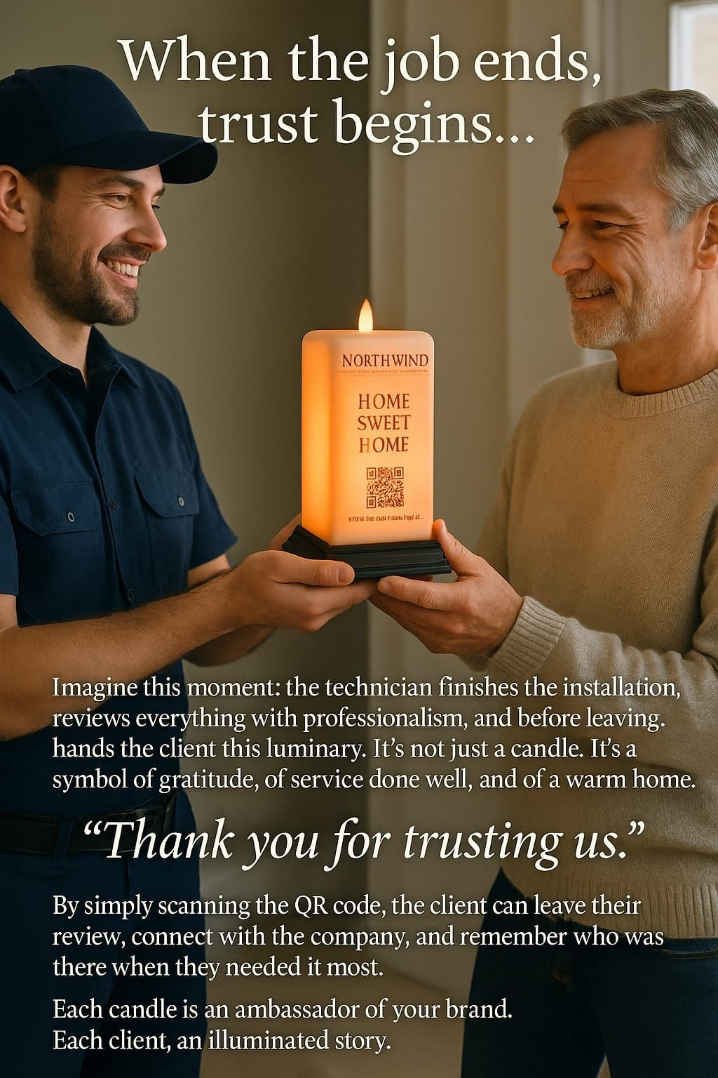 Two people exchanging a candle with 'Home Sweet Home' text, symbolizing trust and professionalism.